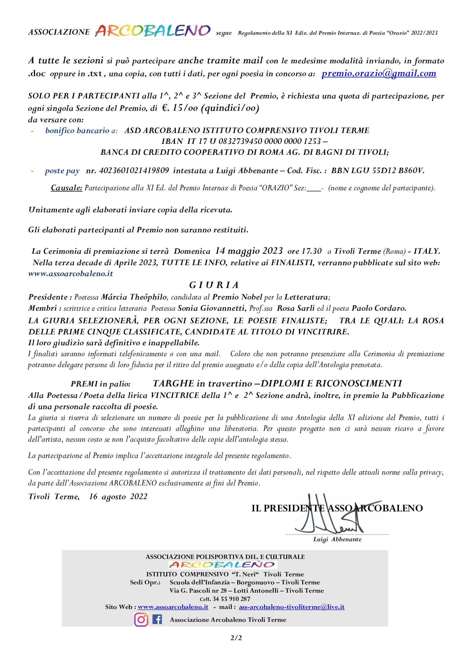 Regolamento XI Ed. PREMIO INTERNAZ DI POESIA ORAZIO 2022- 2023 2 of 2